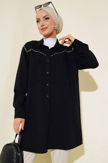 Önü Taşlı Çift Cepli Tunik Siyah - Tunik