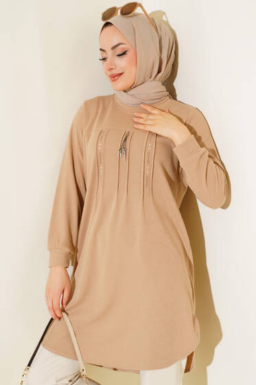 Önü Taşlı Çımalı Tunik Bej - Tunik