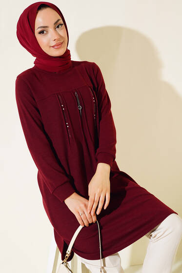 Önü Taşlı Çımalı Tunik Bordo - Tunik
