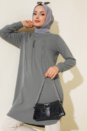 Önü Taşlı Çımalı Tunik Gri - Tunik