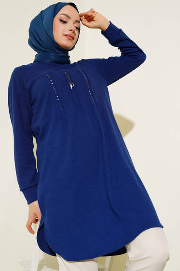 Önü Taşlı Çımalı Tunik Lacivert - Tunik