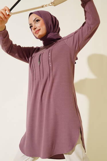 Önü Taşlı Çımalı Tunik Pudra - Tunik