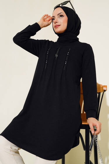 Önü Taşlı Çımalı Tunik Siyah - Tunik