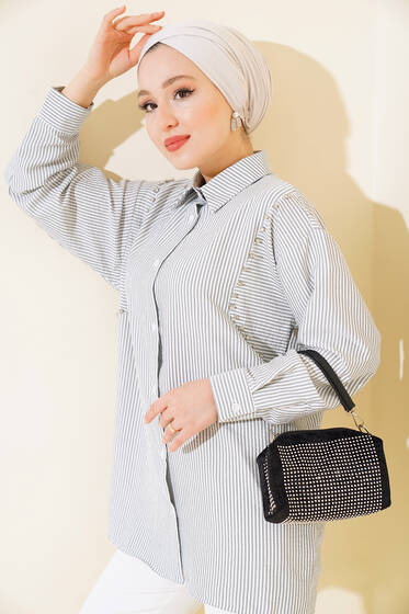 Önü Taşlı Çizgili Gömlek Gri - Gömlek