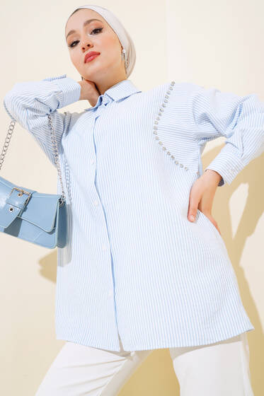 Önü Taşlı Çizgili Gömlek Mavi - Gömlek