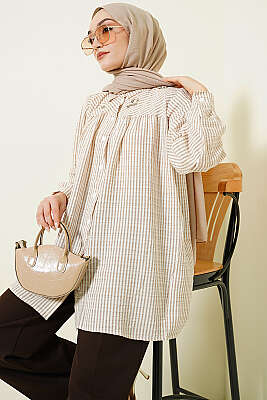 Önü Taşlı Çizgili Salaş Gömlek Bej - GÜRZA TEKSTİL