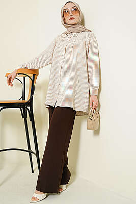 Önü Taşlı Çizgili Salaş Gömlek Bej - Gömlek