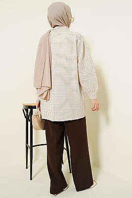 Önü Taşlı Çizgili Salaş Gömlek Bej - Gömlek