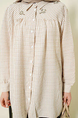 Önü Taşlı Çizgili Salaş Gömlek Bej - Gömlek