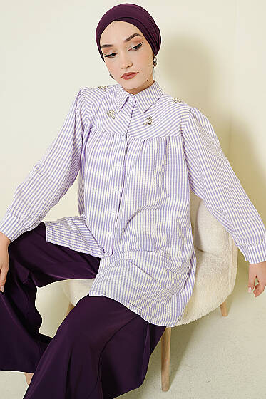Önü Taşlı Çizgili Salaş Gömlek Lila - Gömlek