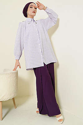 Önü Taşlı Çizgili Salaş Gömlek Lila - Gömlek