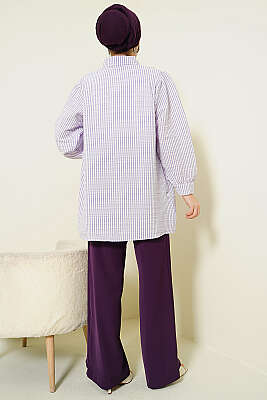 Önü Taşlı Çizgili Salaş Gömlek Lila - Gömlek