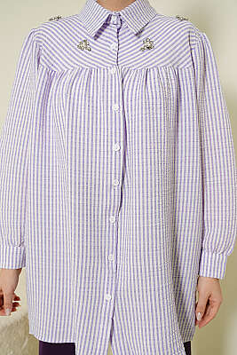 Önü Taşlı Çizgili Salaş Gömlek Lila - Gömlek