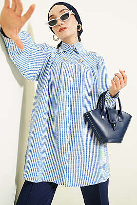 Önü Taşlı Çizgili Salaş Gömlek Mavi - GÜRZA TEKSTİL