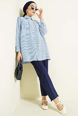 Önü Taşlı Çizgili Salaş Gömlek Mavi - Gömlek