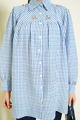 Önü Taşlı Çizgili Salaş Gömlek Mavi - Gömlek