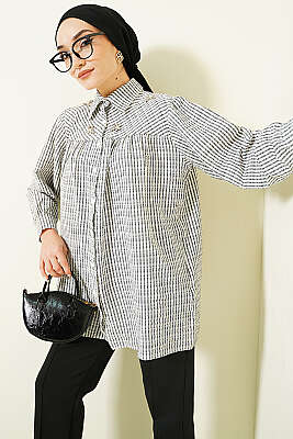 Önü Taşlı Çizgili Salaş Gömlek Siyah - GÜRZA TEKSTİL