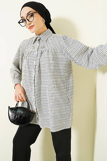 Önü Taşlı Çizgili Salaş Gömlek Siyah - Gömlek