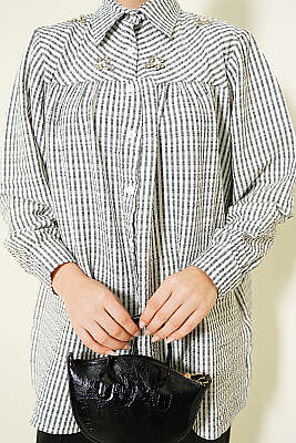 Önü Taşlı Çizgili Salaş Gömlek Siyah - Gömlek