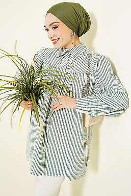 Önü Taşlı Çizgili Salaş Gömlek Yeşil - GÜRZA TEKSTİL