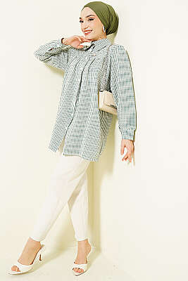 Önü Taşlı Çizgili Salaş Gömlek Yeşil - Gömlek