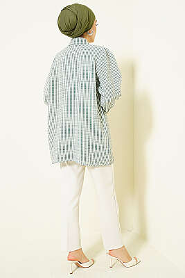 Önü Taşlı Çizgili Salaş Gömlek Yeşil - Gömlek