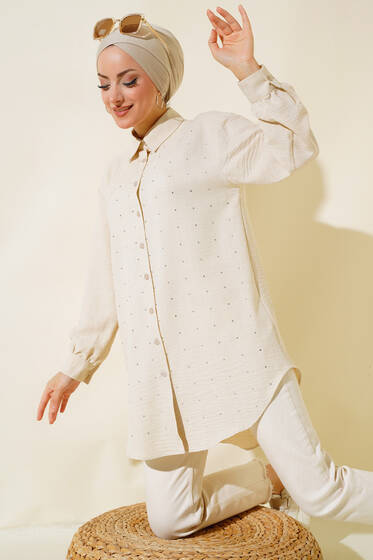 Önü Taşlı Düğmeli Tunik Bej - Tunik