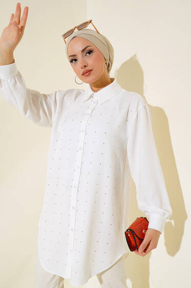 Önü Taşlı Düğmeli Tunik Beyaz - Tunik