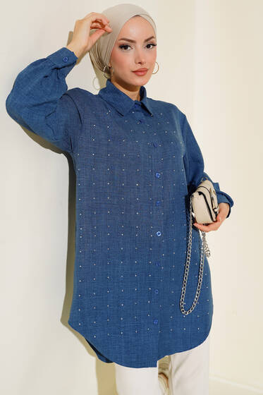Önü Taşlı Düğmeli Tunik İndigo - Tunik
