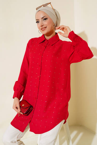 Önü Taşlı Düğmeli Tunik Kırmızı - Tunik