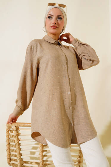 Önü Taşlı Düğmeli Tunik Latte - Tunik