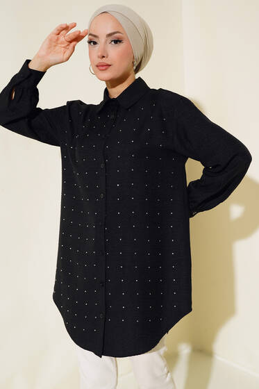 Önü Taşlı Düğmeli Tunik Siyah - Tunik