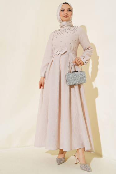 Önü Taşlı Elbise Bej - Elbise