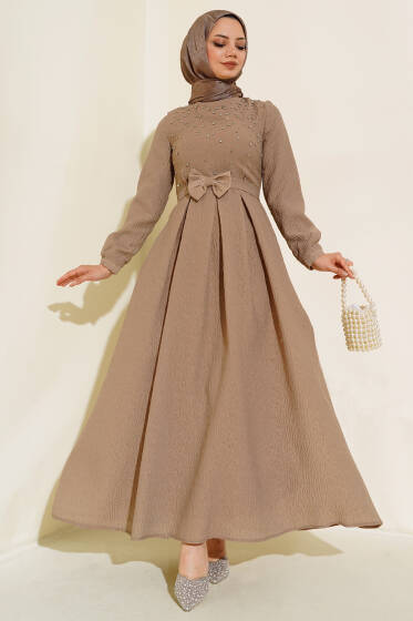 Önü Taşlı Elbise Sütlü Kahve - Elbise