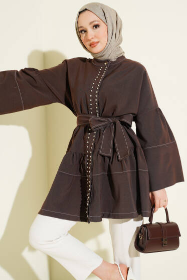 Önü Taşlı Gizli Düğmeli Tunik Kahve - Tunik