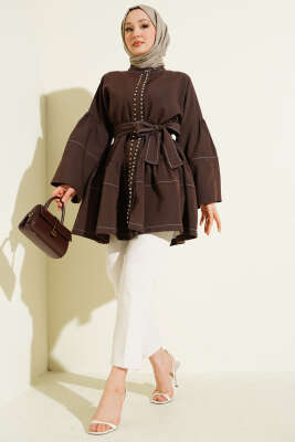 Önü Taşlı Gizli Düğmeli Tunik Kahve - Tunik