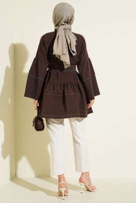 Önü Taşlı Gizli Düğmeli Tunik Kahve - Tunik