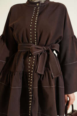 Önü Taşlı Gizli Düğmeli Tunik Kahve - Tunik