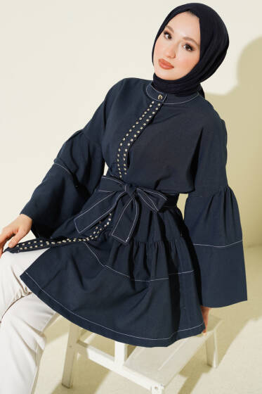 Önü Taşlı Gizli Düğmeli Tunik Lacivert - Tunik
