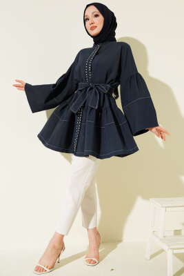 Önü Taşlı Gizli Düğmeli Tunik Lacivert - Tunik