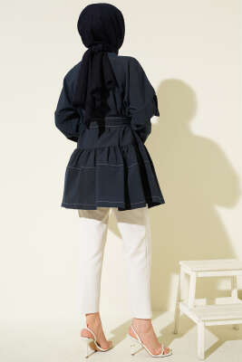 Önü Taşlı Gizli Düğmeli Tunik Lacivert - Tunik