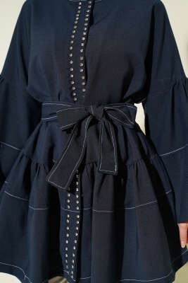 Önü Taşlı Gizli Düğmeli Tunik Lacivert - Tunik