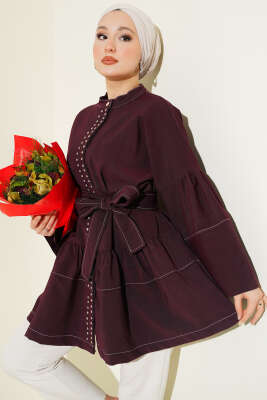 Önü Taşlı Gizli Düğmeli Tunik Mürdüm - ZAMANE (QSS)