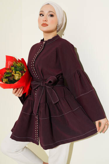 Önü Taşlı Gizli Düğmeli Tunik Mürdüm - Tunik