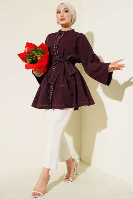 Önü Taşlı Gizli Düğmeli Tunik Mürdüm - Tunik