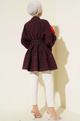 Önü Taşlı Gizli Düğmeli Tunik Mürdüm - Tunik