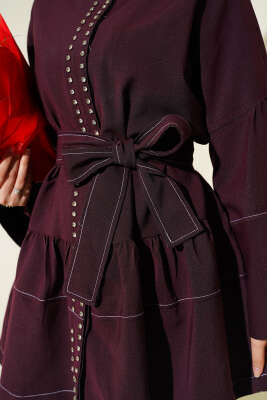 Önü Taşlı Gizli Düğmeli Tunik Mürdüm - Tunik