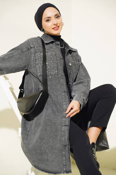 Önü Taşlı Göğüs Cepli Uzun Kot Ceket Füme - Ceket