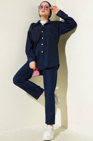 Önü Taşlı Gold Düğmeli Kot İkili Takım Lacivert - İkili Takım