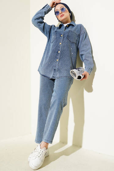 Önü Taşlı Gold Düğmeli Kot İkili Takım Mavi - İkili Takım